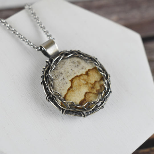 Wire Wrapped Picture Jasper Pendant in Sterling Silver with Custom Chain