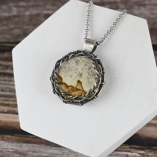 Wire Wrapped Picture Jasper Pendant in Sterling Silver with Custom Chain