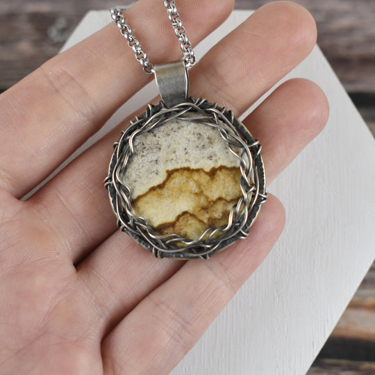 Wire Wrapped Picture Jasper Pendant in Sterling Silver with Custom Chain