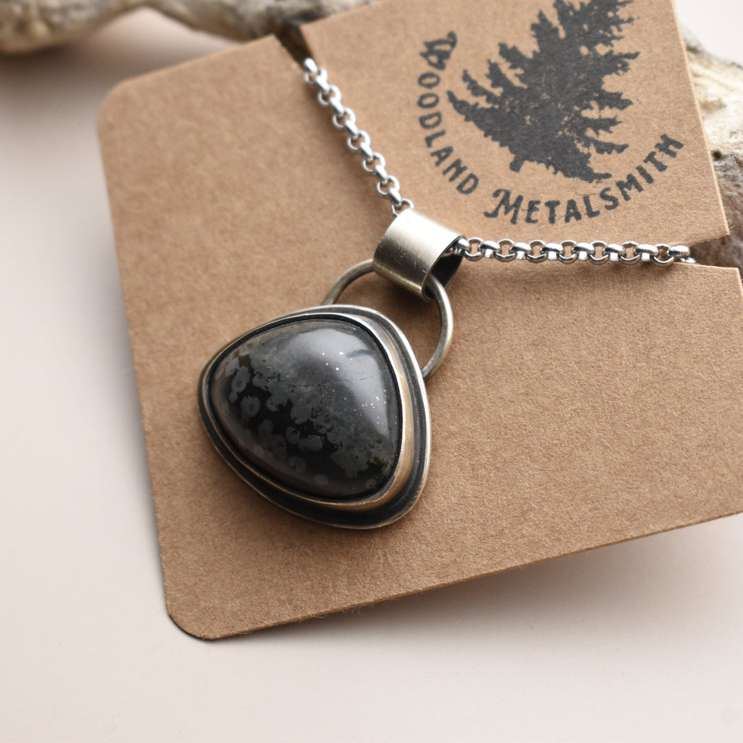 Black Variolite and Pyrite Pendant Necklace in Sterling Silver