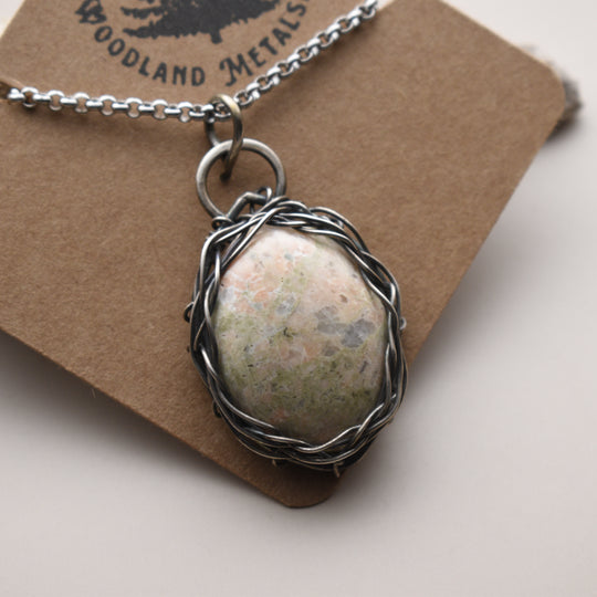 Epidote and Orange Calcite Pendant Necklace in Sterling Silver