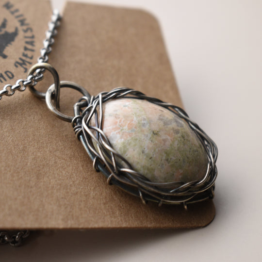 Epidote and Orange Calcite Pendant Necklace in Sterling Silver