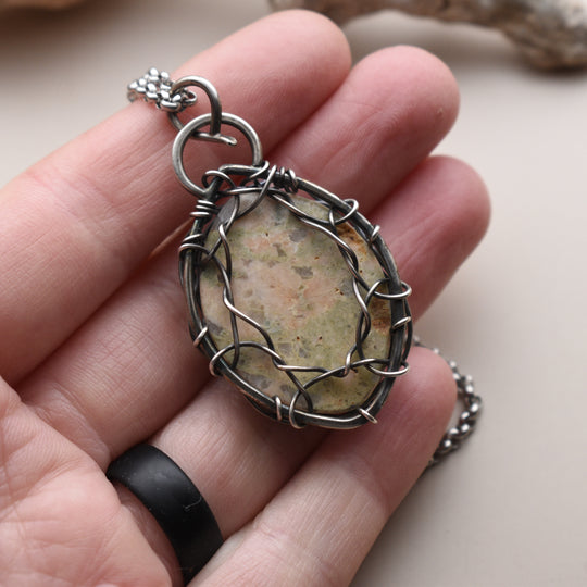 Epidote and Orange Calcite Pendant Necklace in Sterling Silver