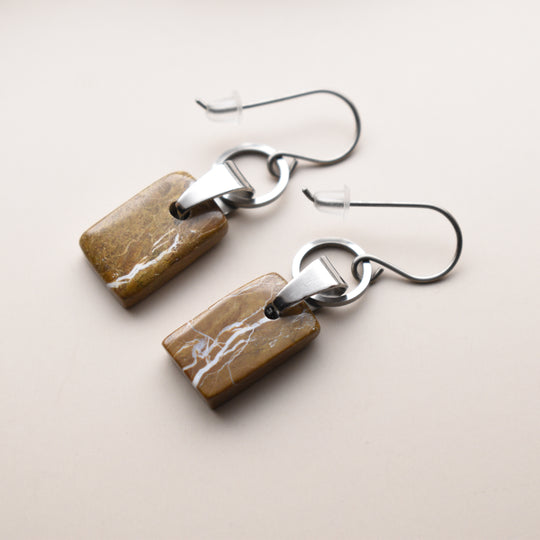 Yellow Jasper Dangle Earrings, Stainless Steel, Titanium Hooks