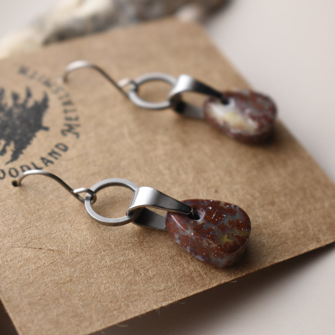 Red and White Jasper Earrings in Stainless Steel and Titanium Hooks