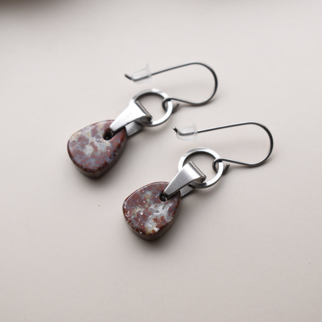 Red and White Jasper Earrings in Stainless Steel and Titanium Hooks