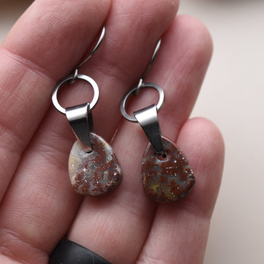 Red and White Jasper Earrings in Stainless Steel and Titanium Hooks