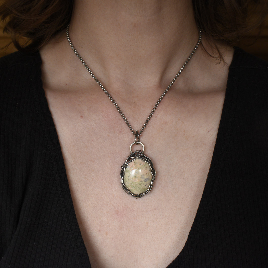 Epidote and Orange Calcite Pendant Necklace in Sterling Silver