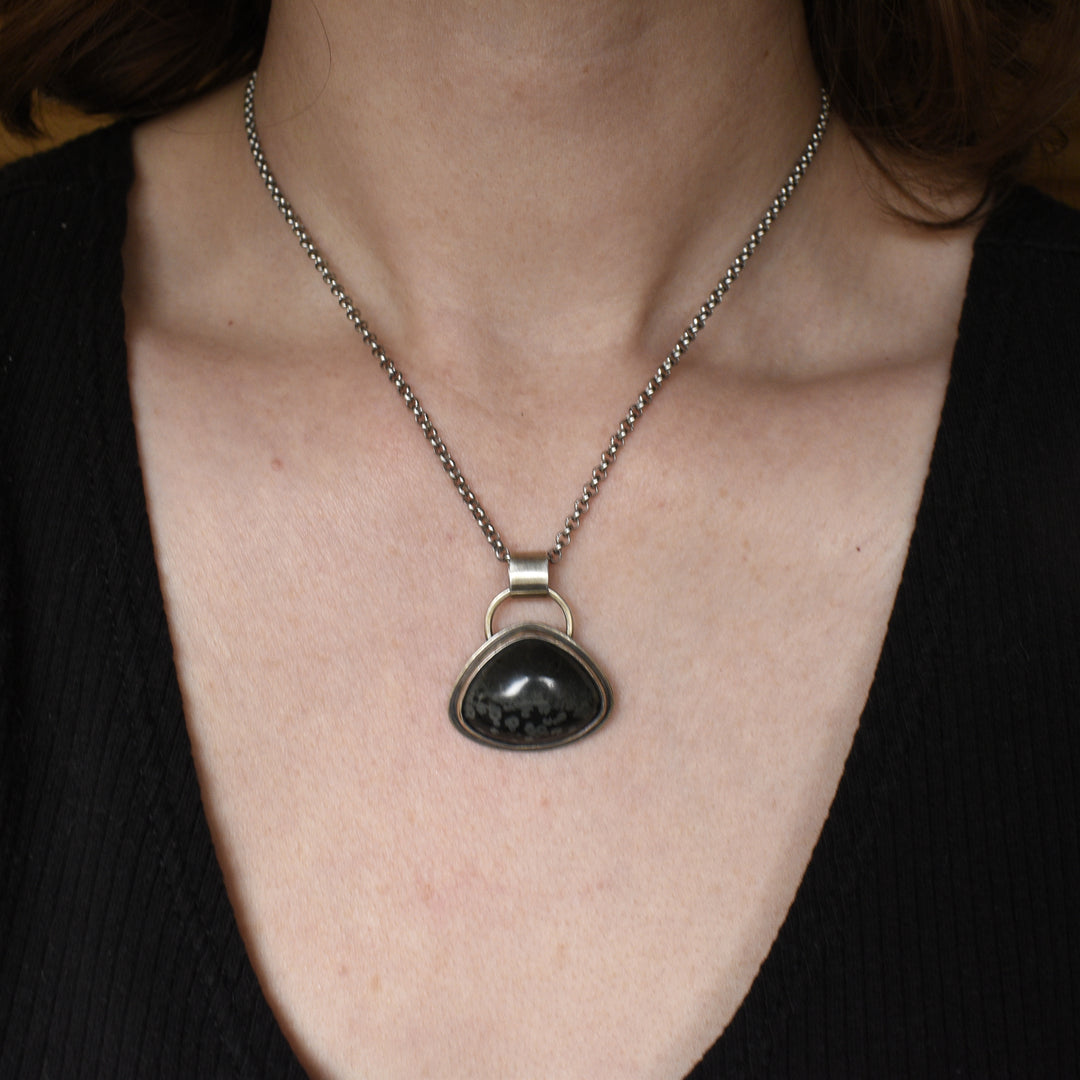 Black Variolite and Pyrite Pendant Necklace in Sterling Silver
