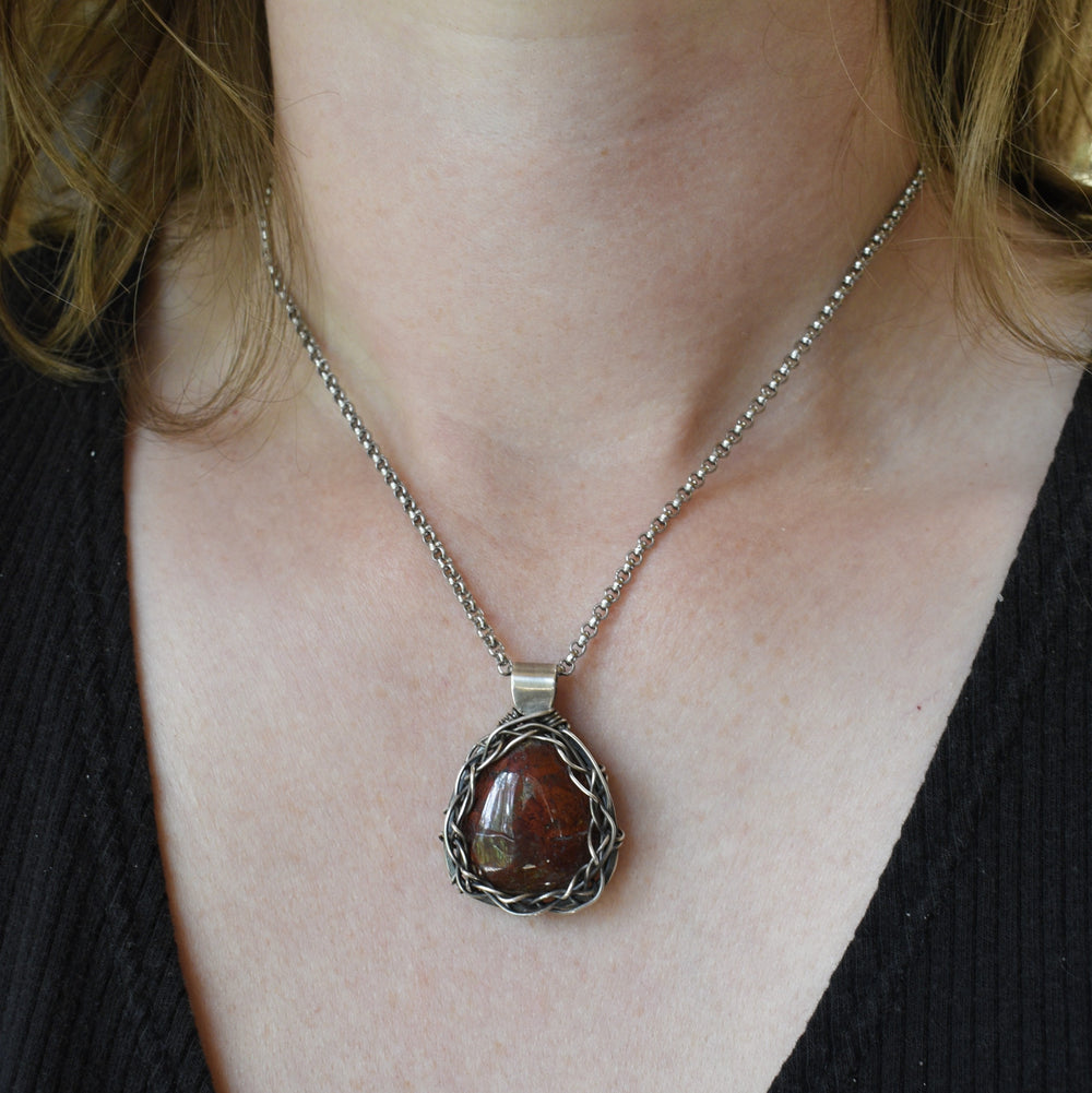 Red Jasper Pendant - Wire Wrapped in Sterling Silver with Custom Chain
