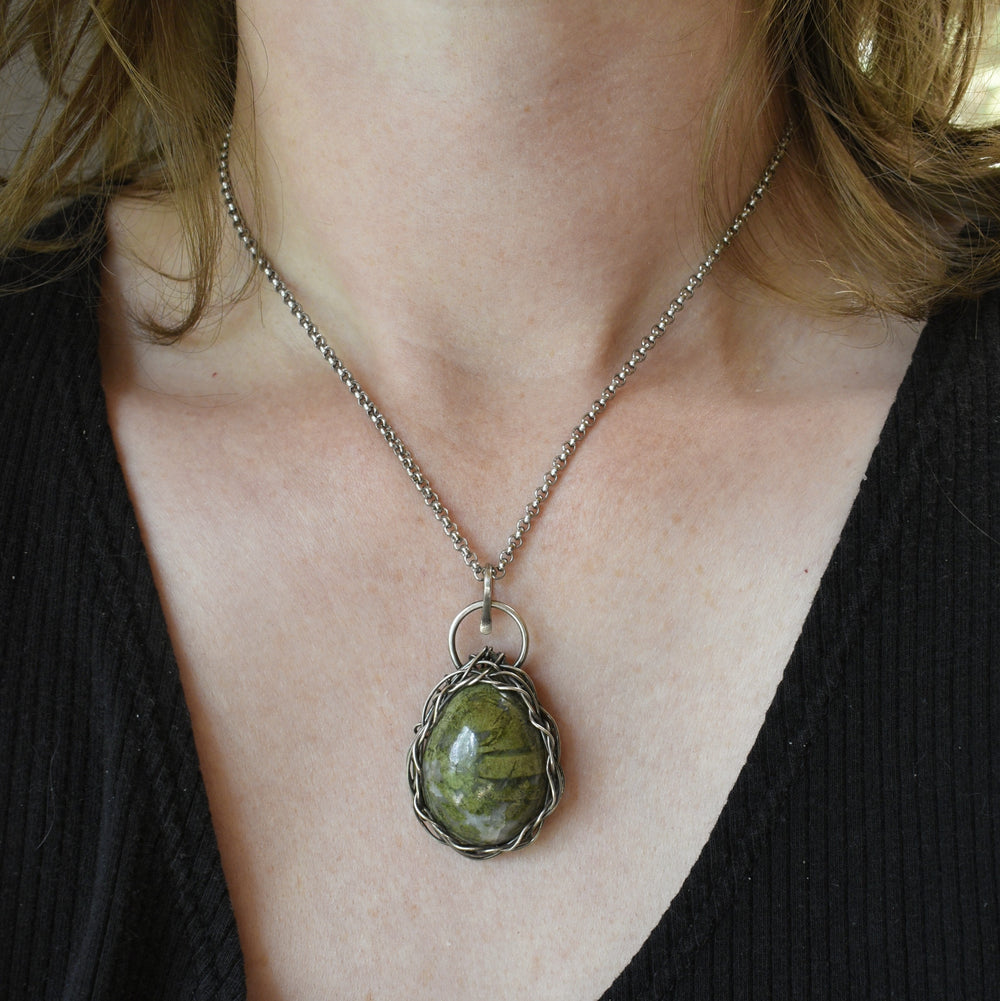 Epidote Necklace Wire Wrapped in Sterling Silver with Custom Chain
