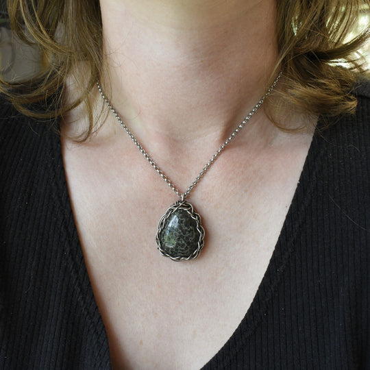 Wire Wrapped Purple Variolite Silver Pendant Necklace