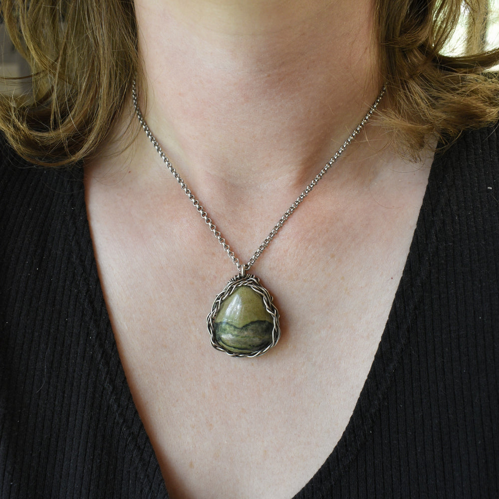 Green Picture Jasper Necklace - Wire Wrapped in Sterling Silver with Custom Chain