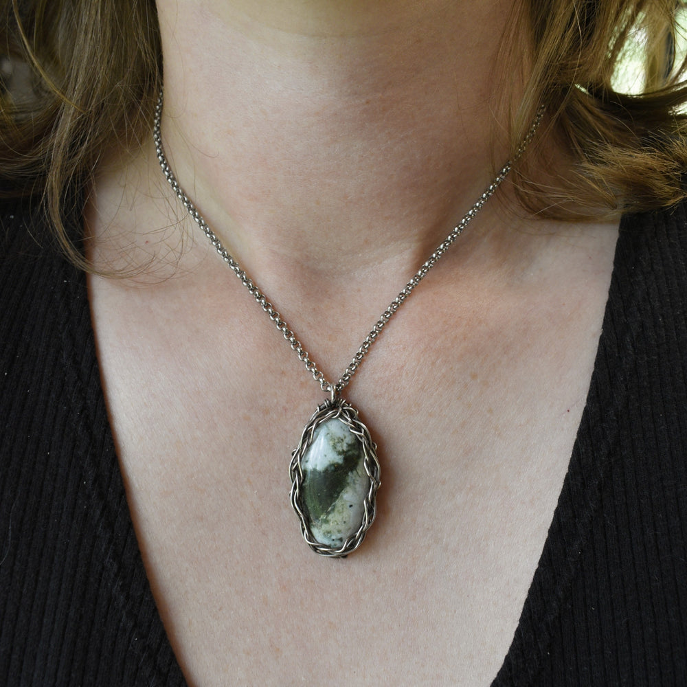 Wire Wrapped Green Jasper Necklace in Sterling Silver with Custom Chain