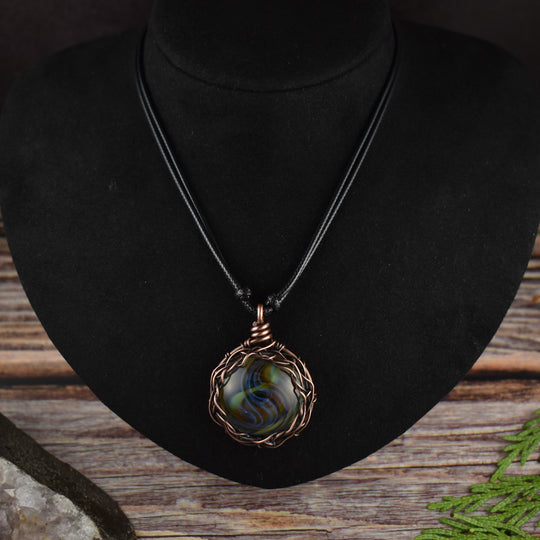 Wire Wrapped Glass Copper Pendant Necklace