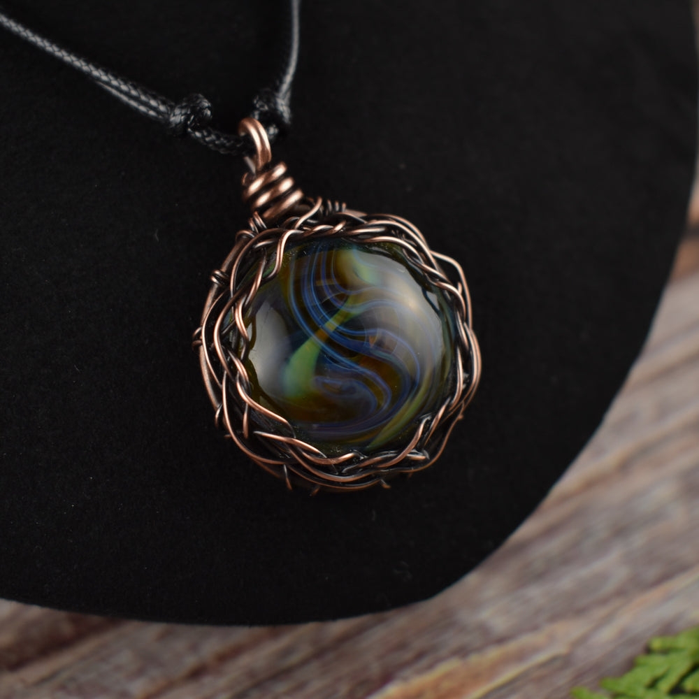 Wire Wrapped Glass Copper Pendant Necklace