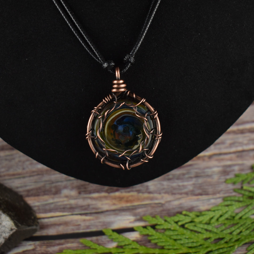 Wire Wrapped Glass Copper Pendant Necklace