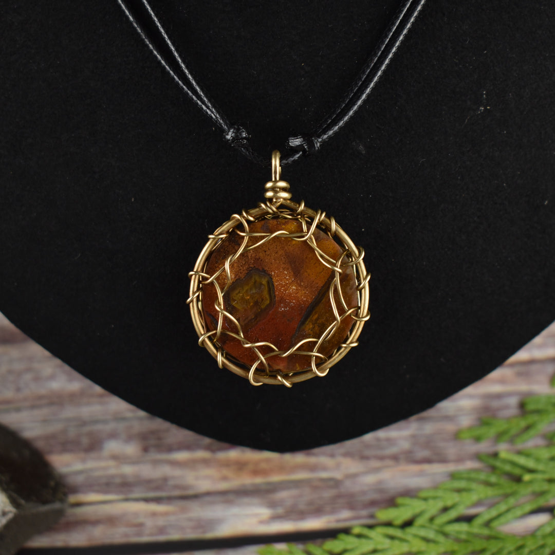 Wire Wrapped Sagenite Agate Brass Pendant Necklace