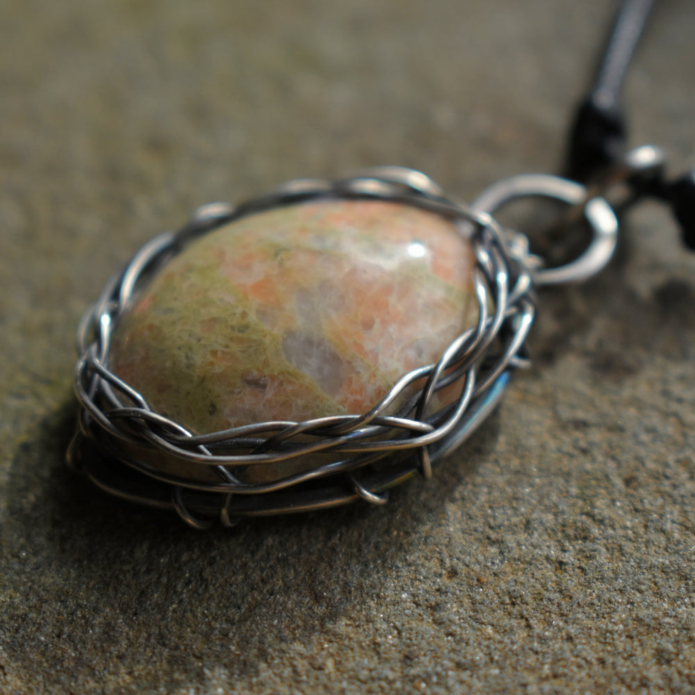 Unakite Sterling Silver Pendant Necklace | Adjustable Cord