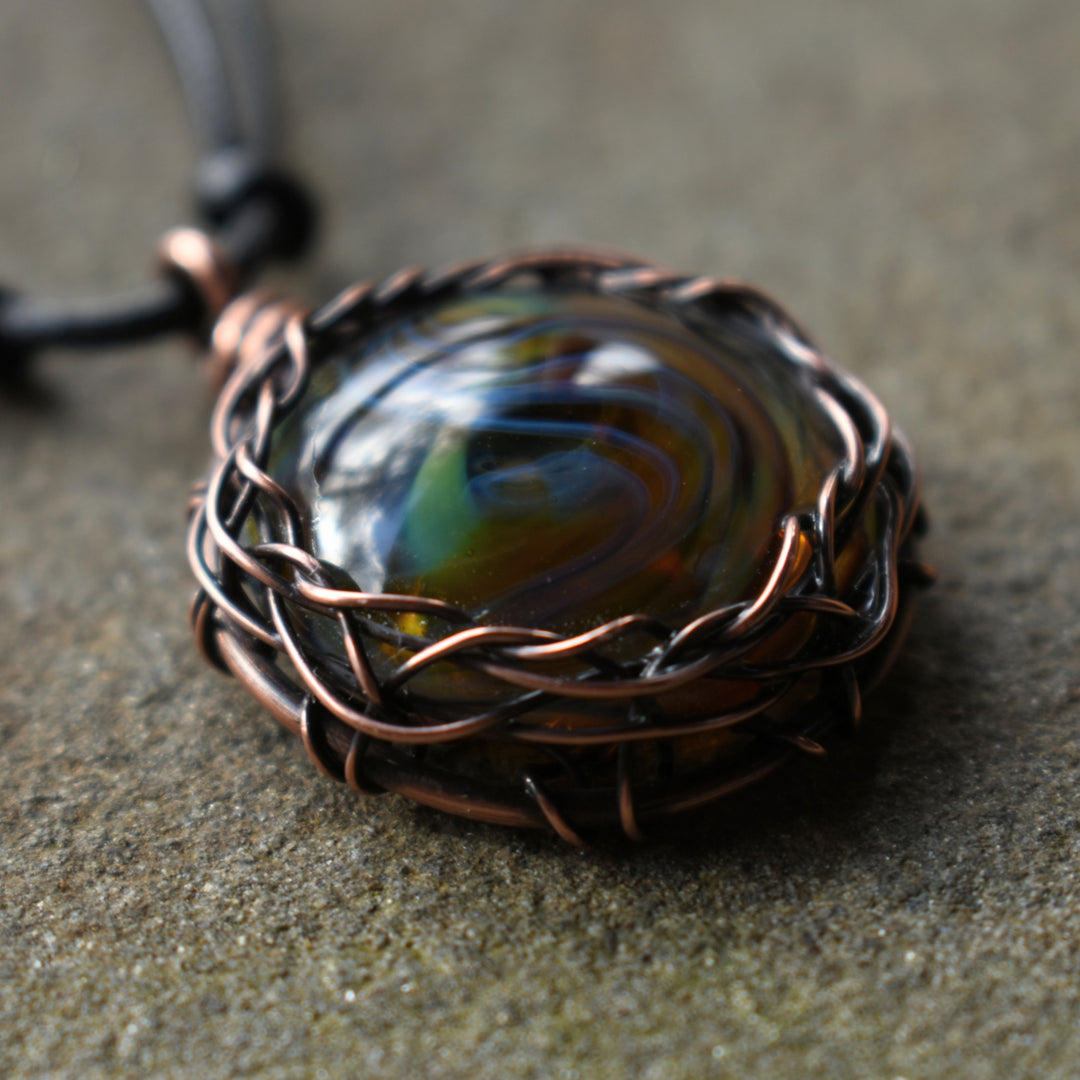 Handmade Glass and Copper Pendant Necklace | Adjustable Cord