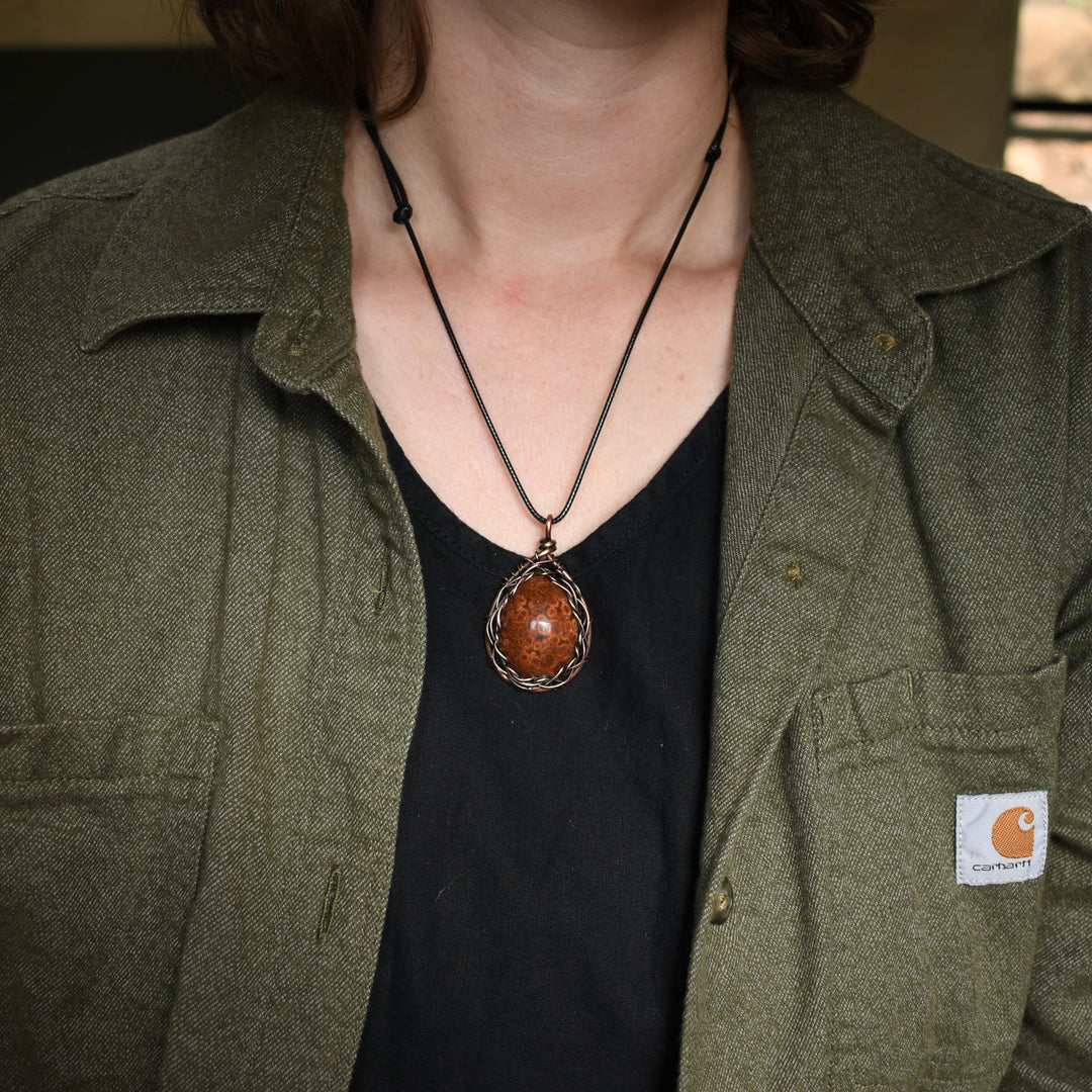 Wire Wrapped Red Jasper Pendant Necklace | Adjustable Cord