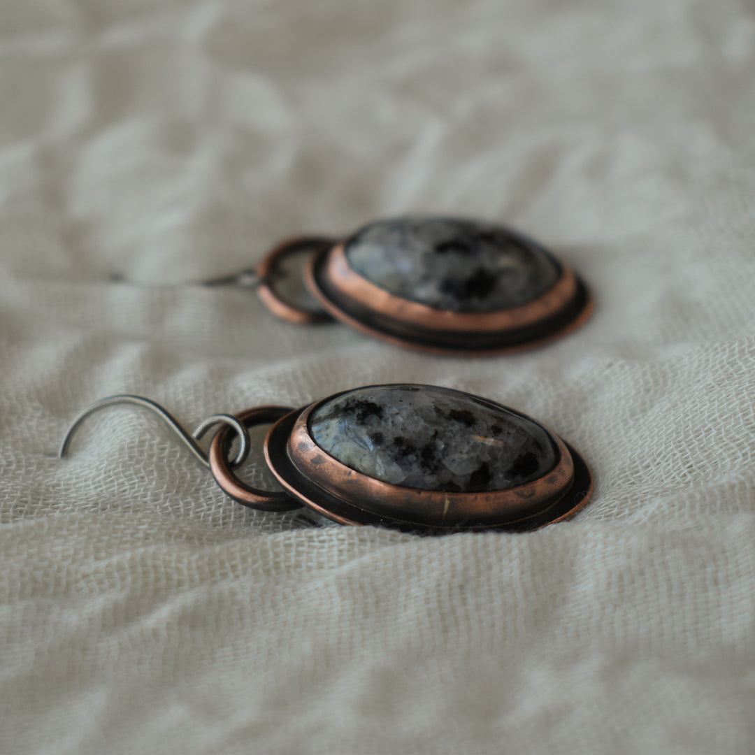 Moonstone in Granite Copper Earrings, Hypoallergenic, 1.75 Inches