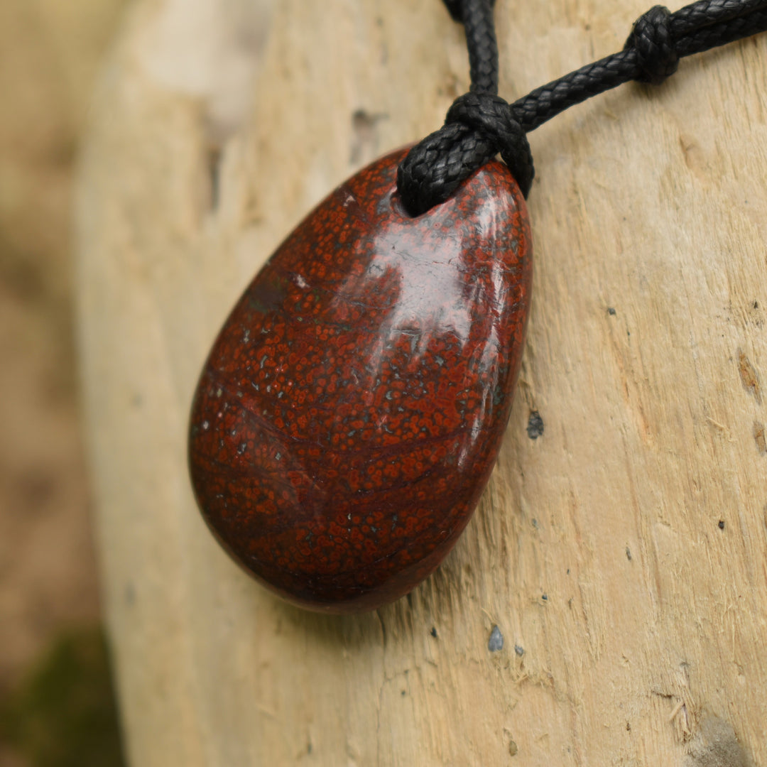 Red Orbicular Jasper Pendant Necklace | Adjustable Cord