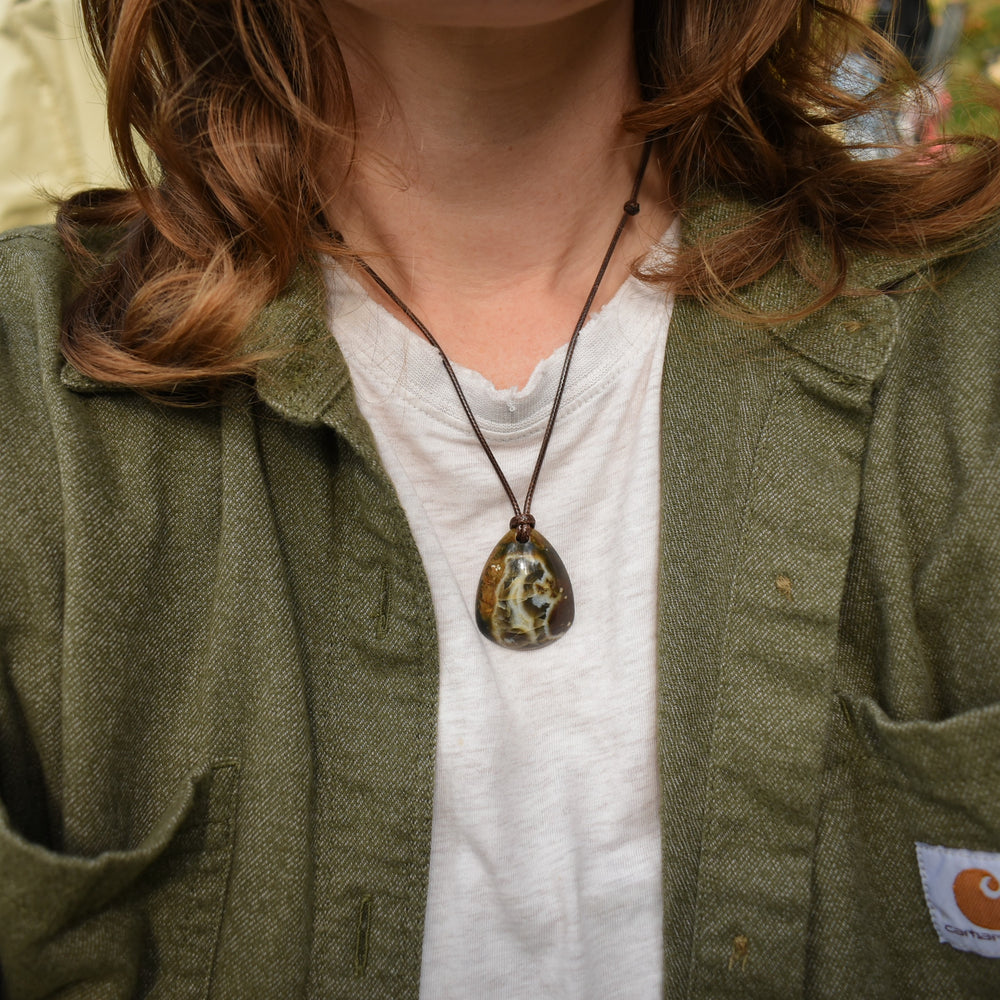 Agate Pyrite Pendant Necklace | Adjustable Cord