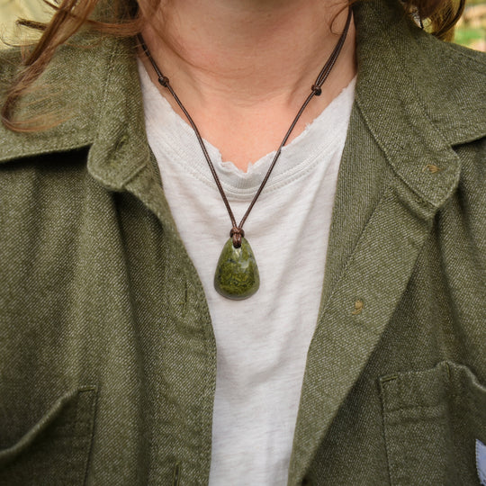 Epidote and Quartz Pendant Necklace | Adjustable Cord