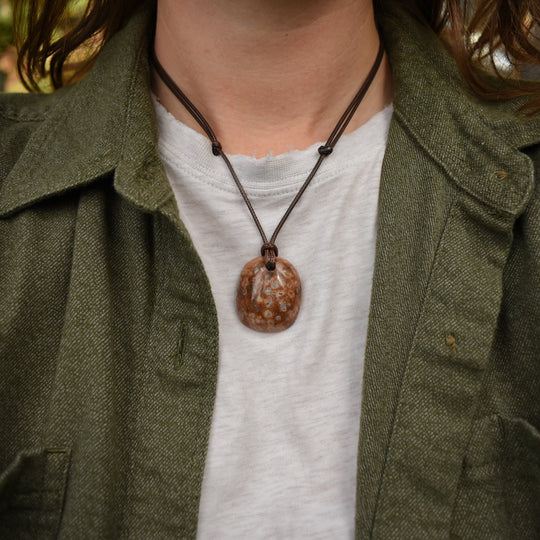 Orange Coral Fossil Pendant Necklace | Adjustable Cord