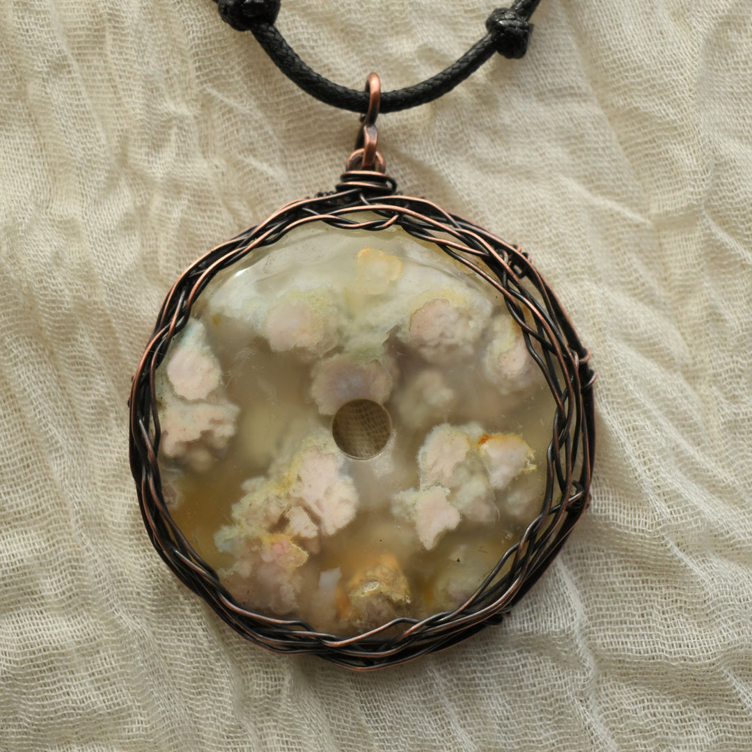Wire wrapped flower agate copper pendant necklace