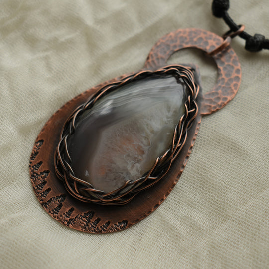 Unique gray agate and copper pendant necklace