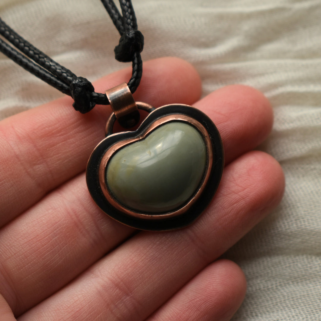 coppersmith pendant necklace handmade with sage green jasper