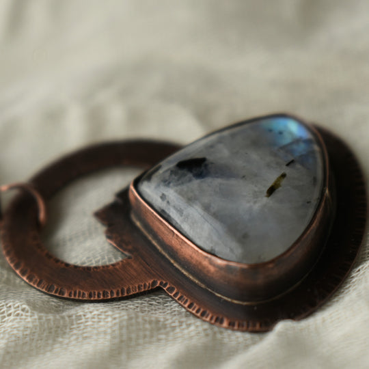 Unique Metalsmith pendant necklace made with moonstone and copper