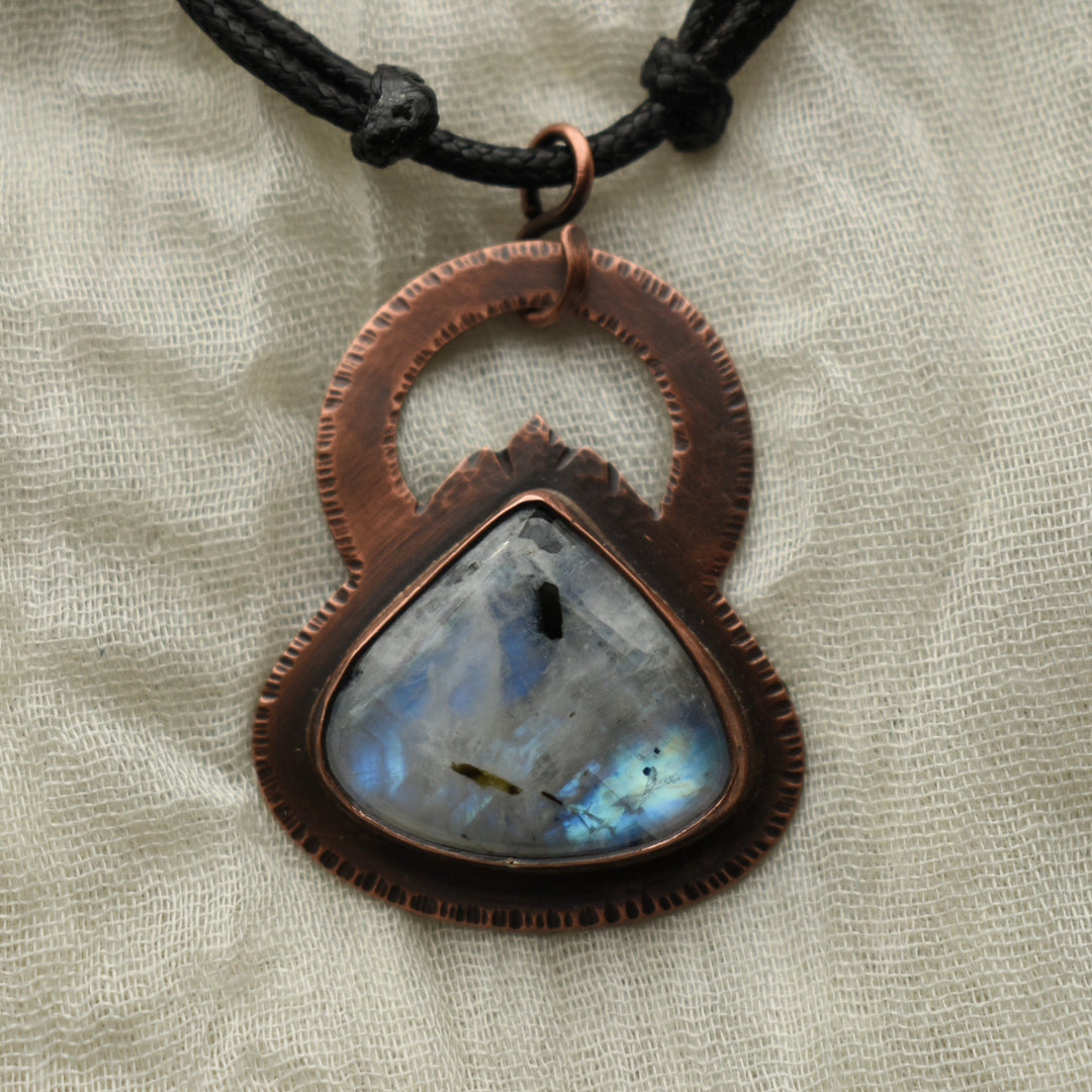 Unique moonstone and black Tourmaline copper pendant necklace