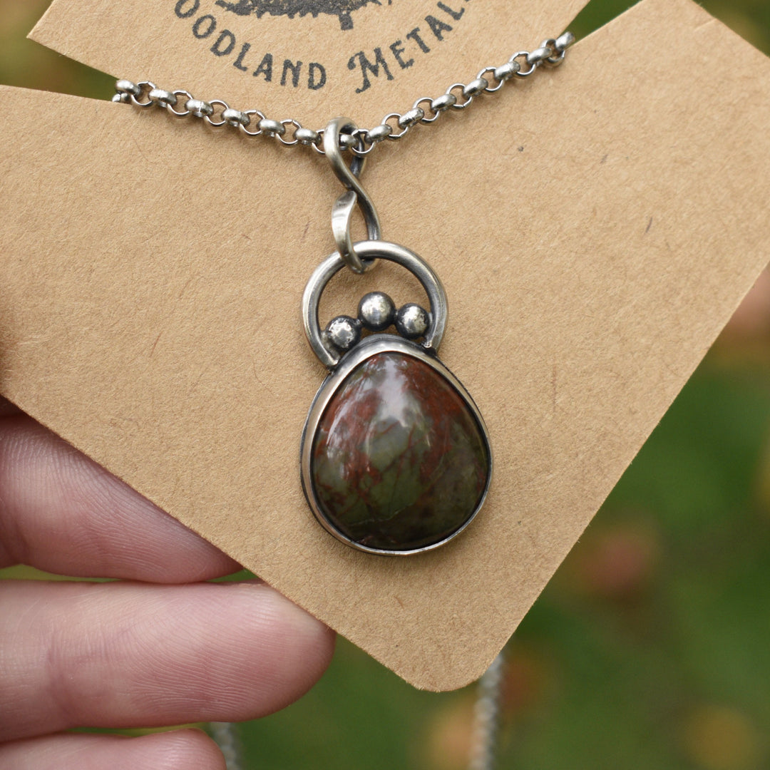 Red and green Moss Agate pendant necklace in Sterling silver