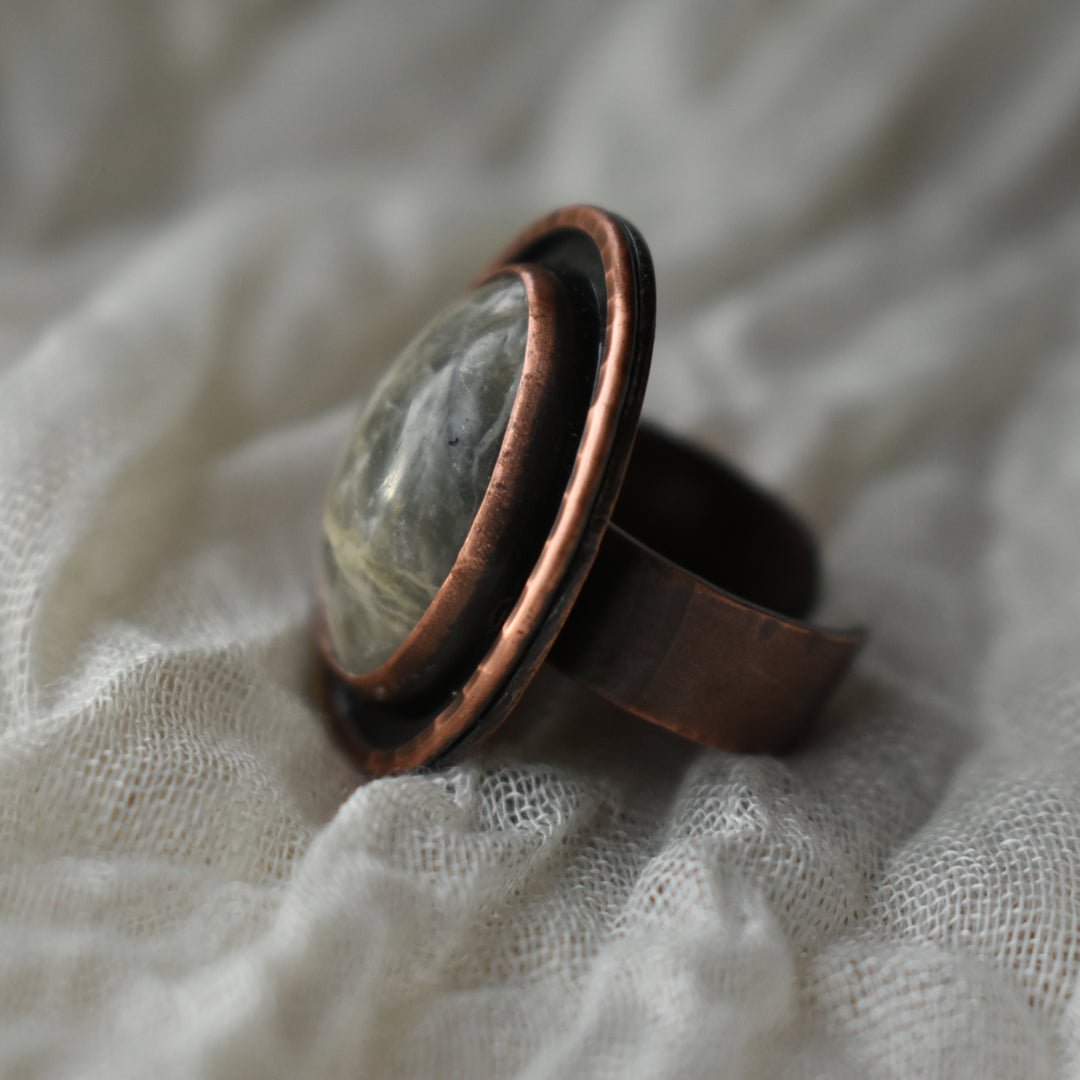 adjustable green stone ring handmade with pure copper