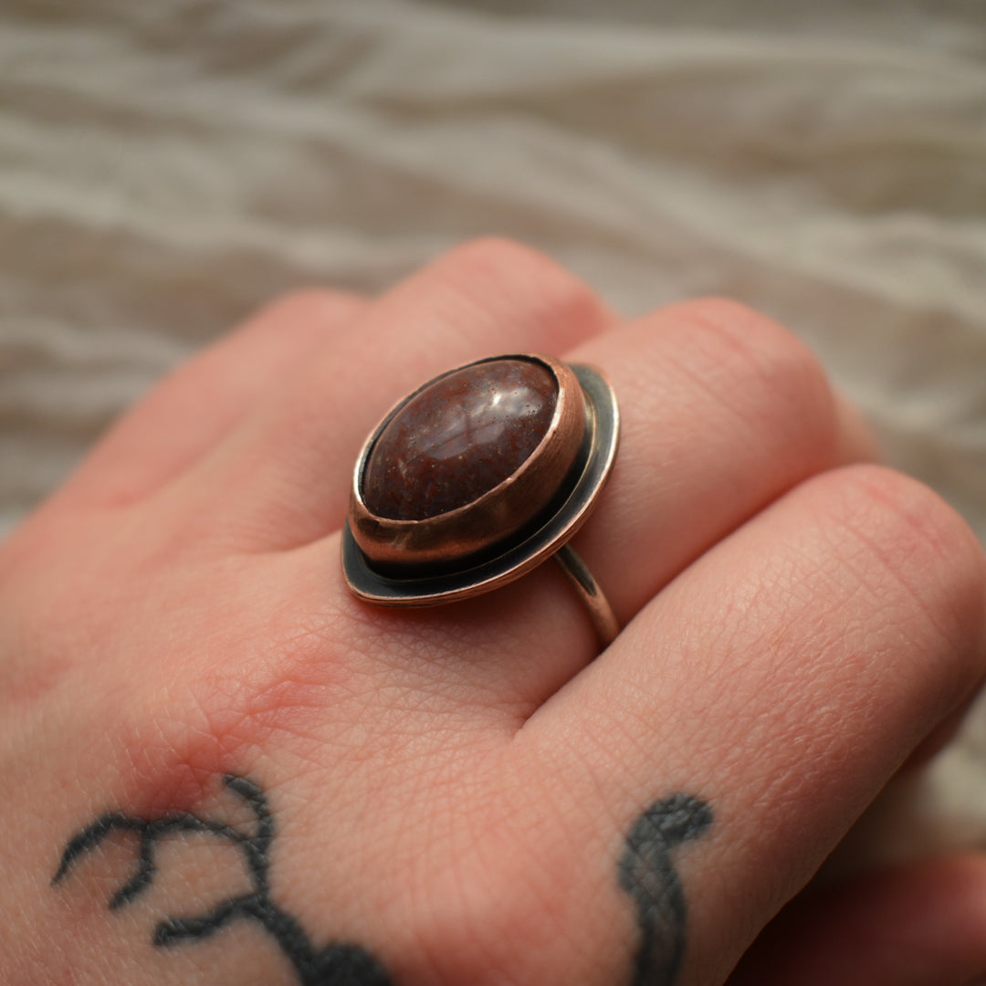 adjustable jasper ring in pure copper and sterling silver