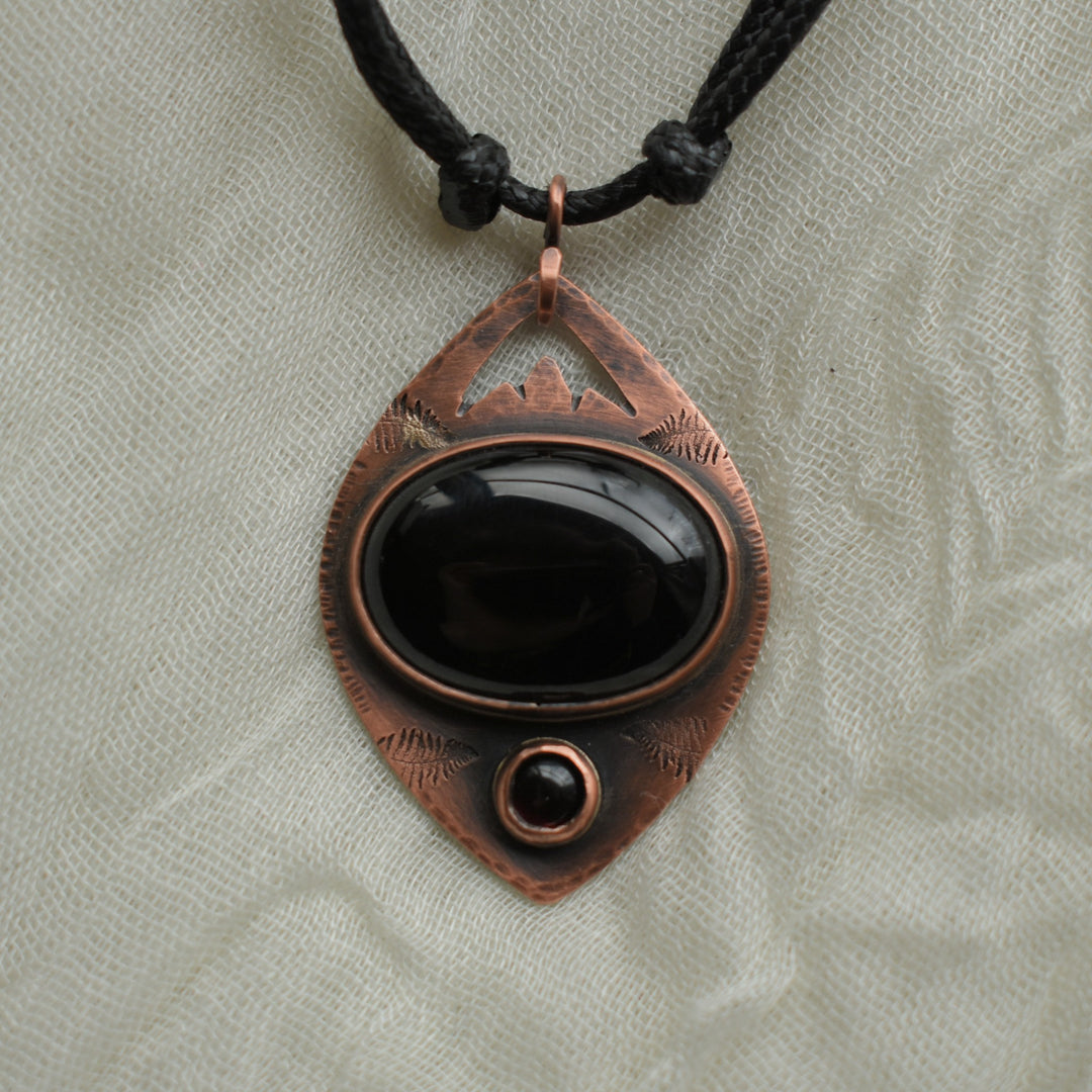 copper pendant necklace handmade with black onyx and garnet