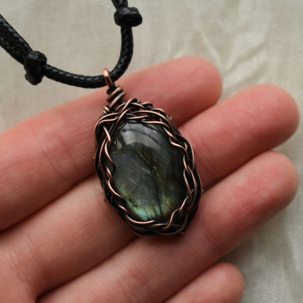 pendant necklace wire wrapped with copper and blue and green labradorite