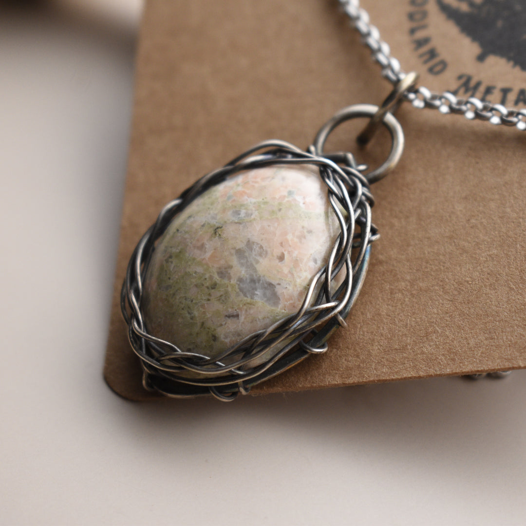 Epidote Calcite Necklace in Sterling Silver, 16 inch Chain