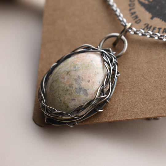 Epidote Calcite Necklace in Sterling Silver, 16 inch Chain