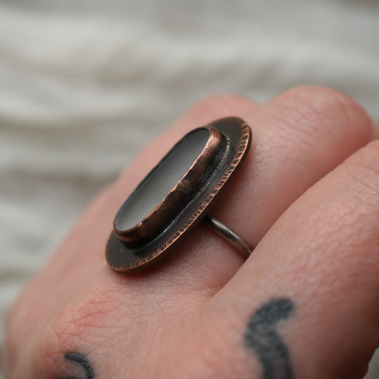 rustic clear sea glass ring made with copper and sterling silver