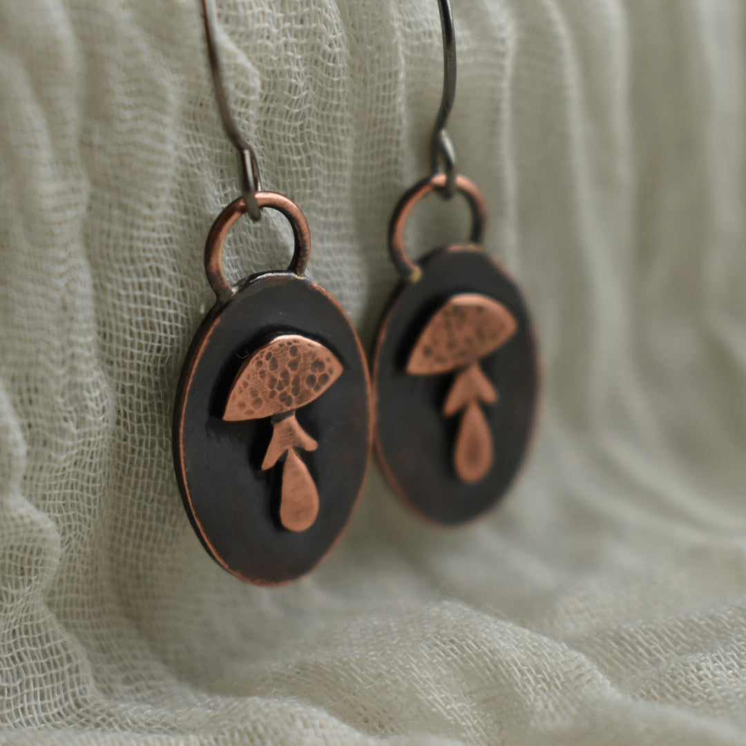 copper amanita mushroom earrings