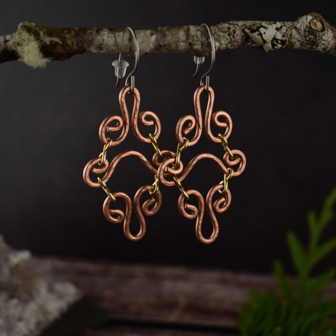 Hammered copper chandelier earrings with hypoallergenic hooks