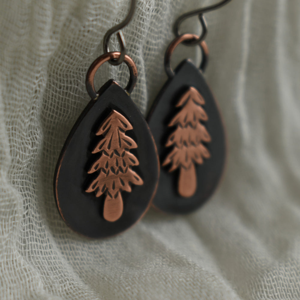 copper evergreen tree earrings
