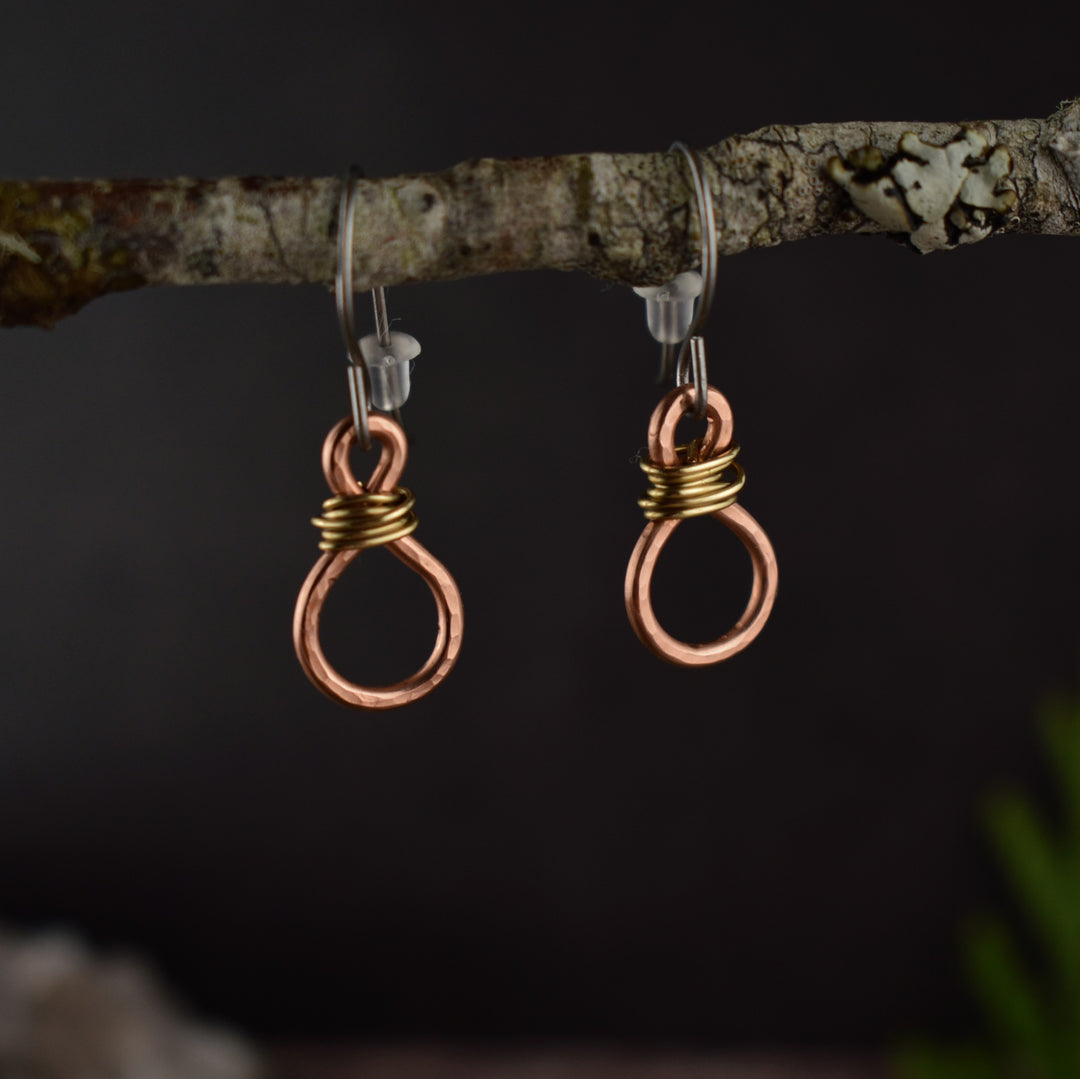 Dainty mixed metal earrings in copper and brass on hypoallergenic hooks