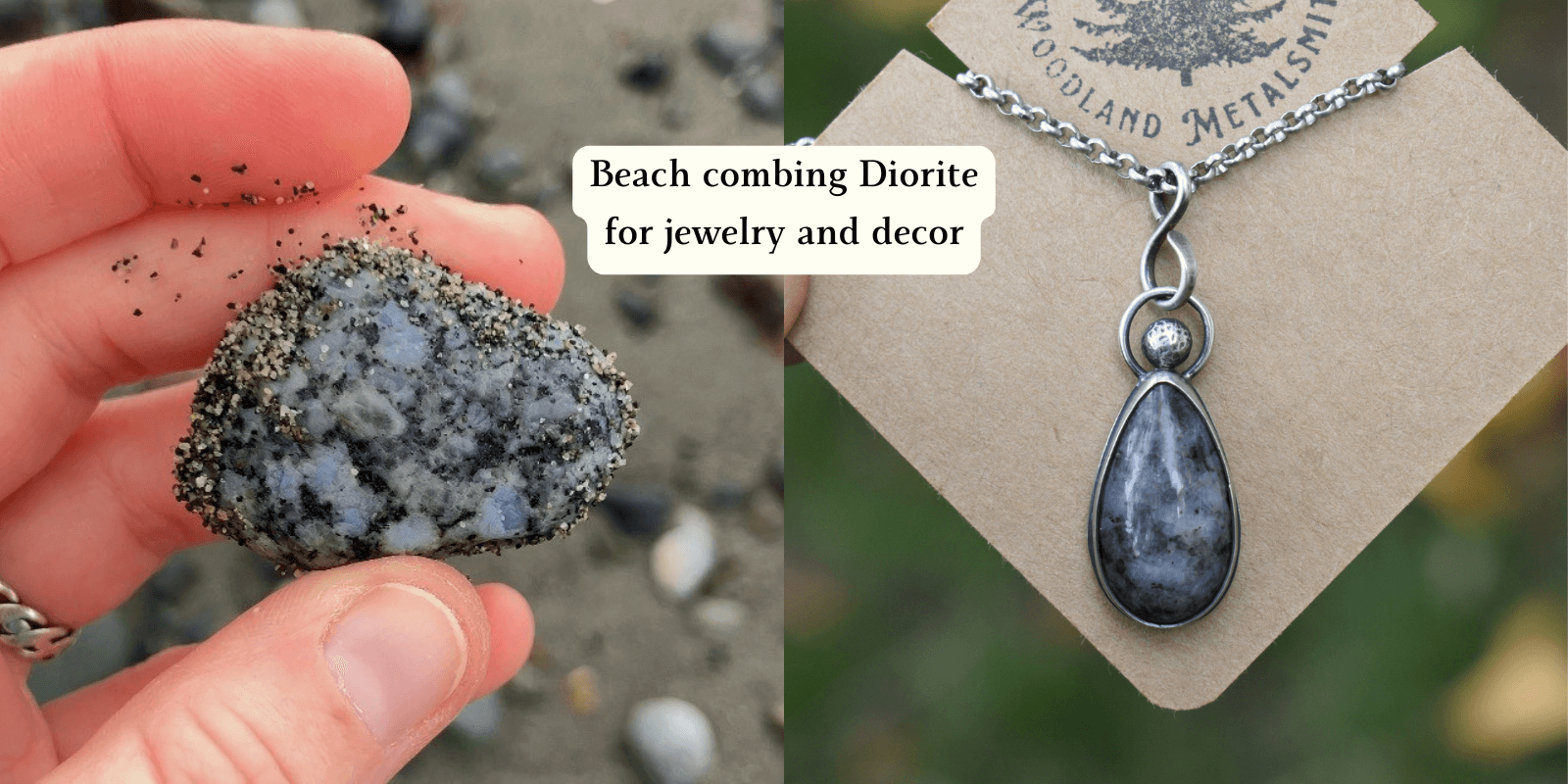Hand holding a piece of beach-combed Diorite stone next to a necklace on a card.