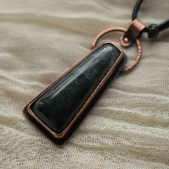 earthy metalsmith pendant necklace handmade with moss agate