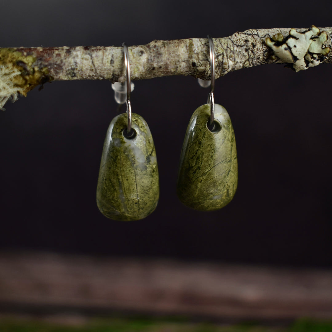 Epidote and Quartz drop earrings on hypoallergenic hooks